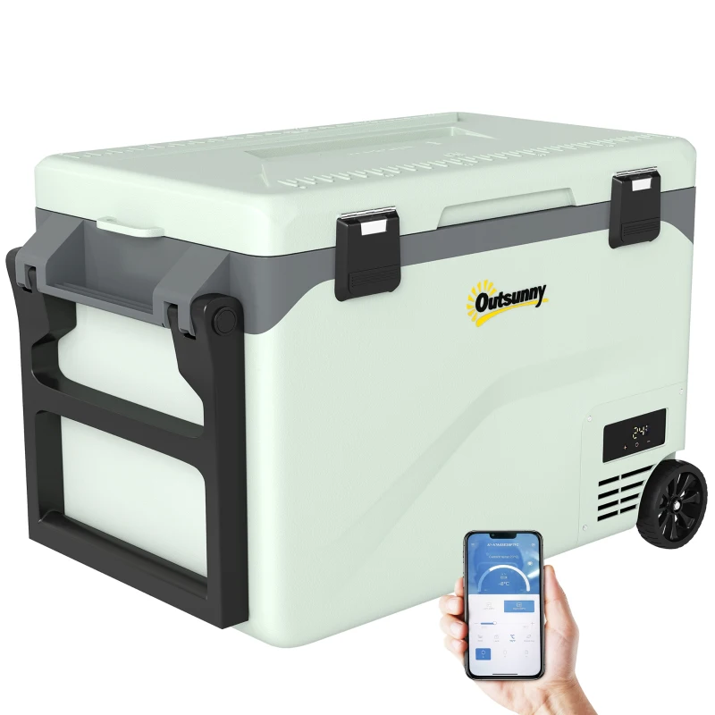Outsunny Nevera Portátil Eléctrica 42,5L con Compresor Control por App Ruedas Asa Barra -20℃ a 20℃ y Soporte para Móvil Verde
