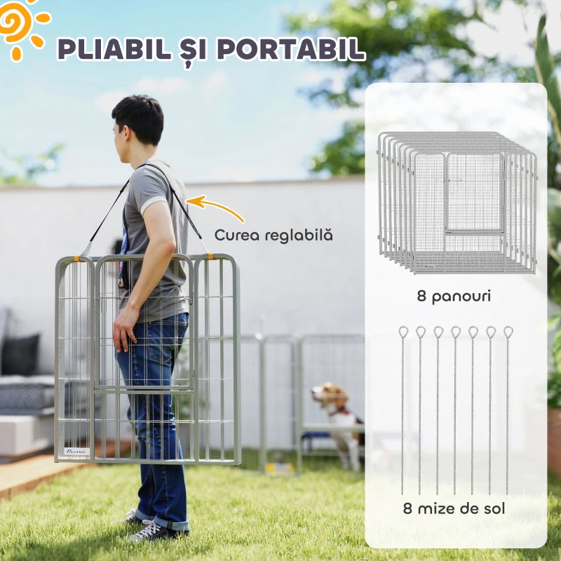 PawHut Țarc pentru Câini cu 8 Panouri Modulabile, Pliabil, cu Ușă din Oțel, Înălțime 80 cm, Argintiu