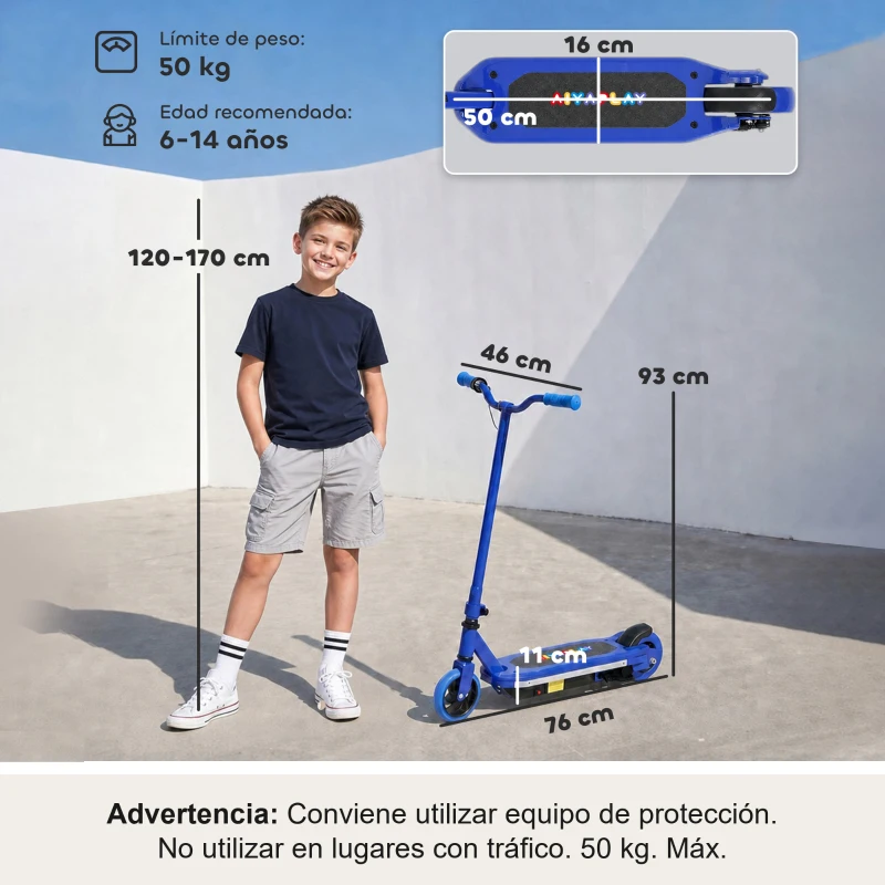 AIYAPLAY Patinete Eléctrico para Niños con Luces LED Acelerador de Pulgar y Ruedas sin Pinchazos Velocidad de hasta 10 km/h Azul