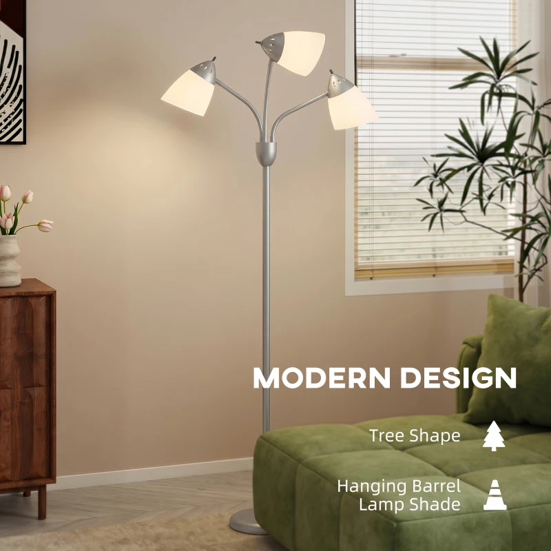 HOMCOM Arc Tree Floor Lamp with 3 Adjustable Rotating Lights and 3000K/4500K/6500K Colour Temperatures, Silver Tone