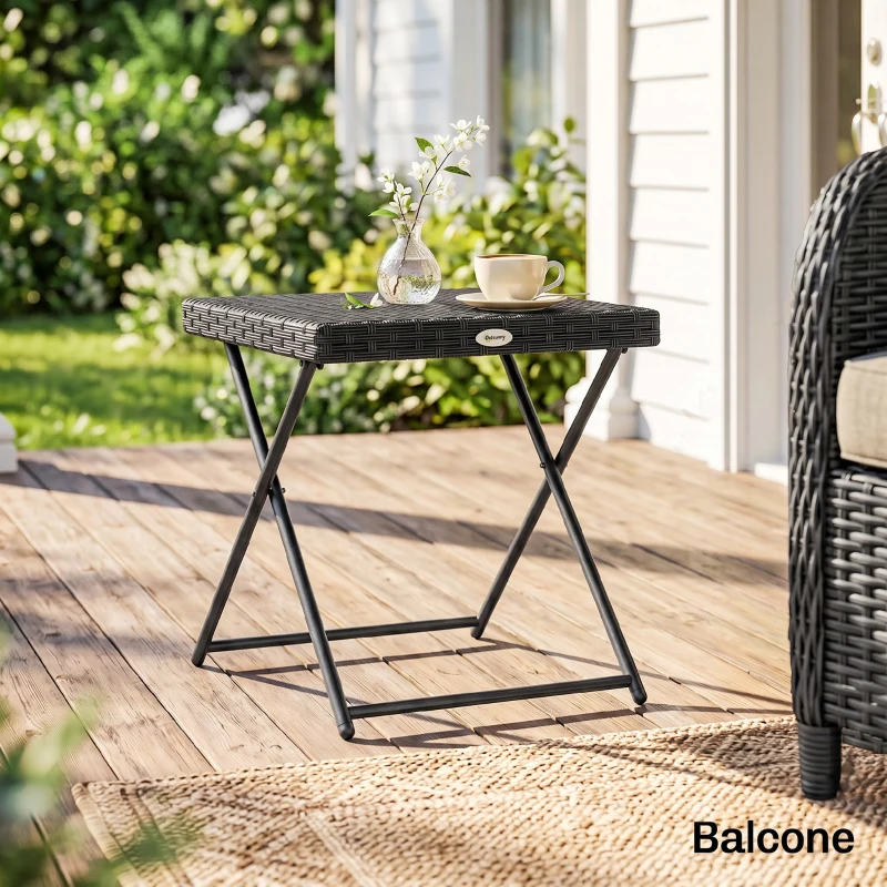 Outsunny Tavolino da Giardino Pieghevole Salvaspazio in Rattan Sintetico e Acciaio, 40x40x40cm, Nero