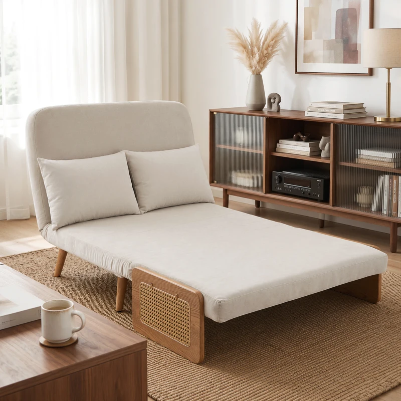HOMCOM Canapé Convertible 2 Places, Canapé-Lit 3 en 1 Chenille 103cm, Dossier Réglable, 2 Oreillers, Accoudoirs en Bois, Crème