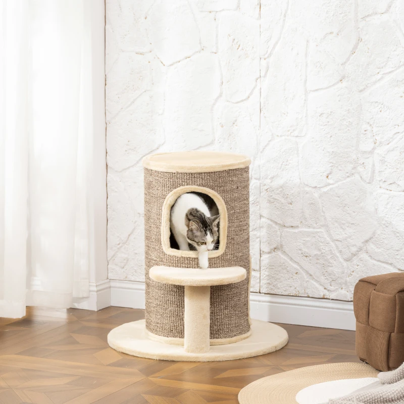 PawHut Torre per Gatti a 2 Livelli con 2 Nascondigli, Piattaforma, Superficie in Sisal, 60x60x 61 cm, Beige e Marrone