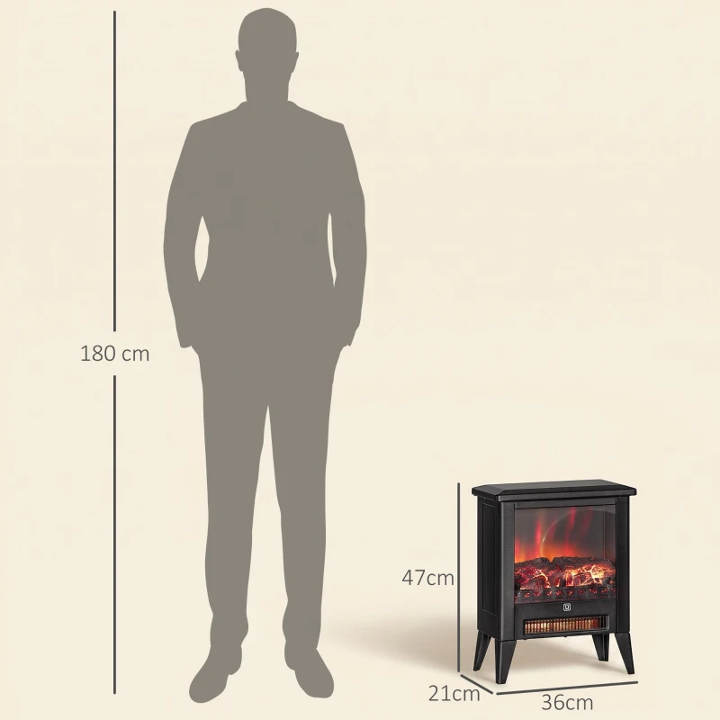 HOMCOM Șemineu Electric de 1800W cu Efect de Flacără la 3 Intensități, din Metal și Sticlă, 36x21x47 cm, Negru
