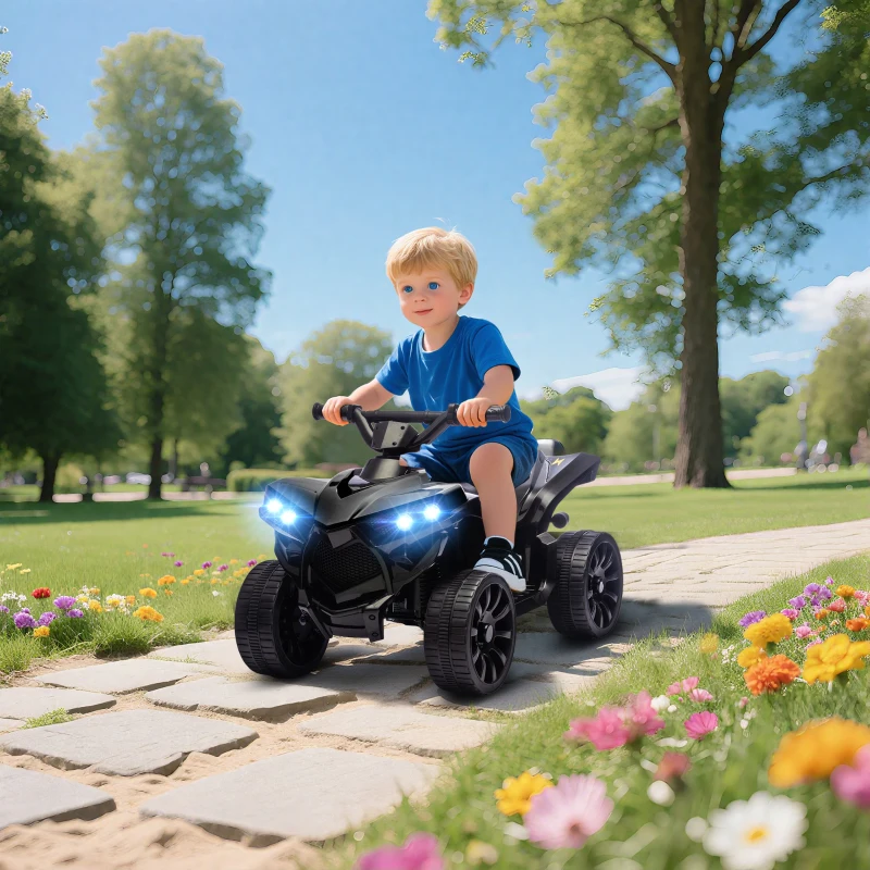 AIYAPLAY 6V Kids ATV, 4 Wheeler Electric Ride on Car with Music and LED Headlights, for Ages 18-56 Months Boys and Girls, Black