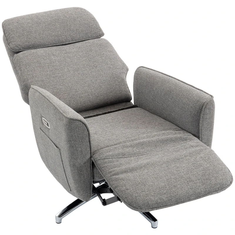 HOMCOM Fauteuil Relax Électrique Pivotant 360°, Fauteuil Inclinable avec Appui-Tête Réglable, Ports USB, Tissu en Lin, Gris