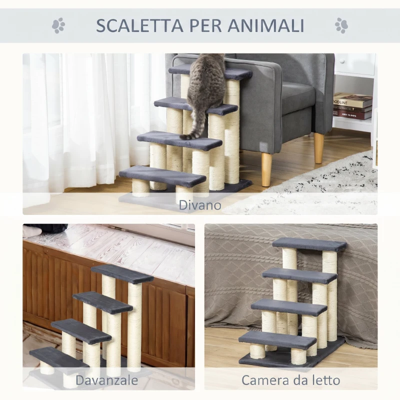 PawHut Scaletta per cani e gatti a 4 gradini in peluche con pali in sisal, grigio