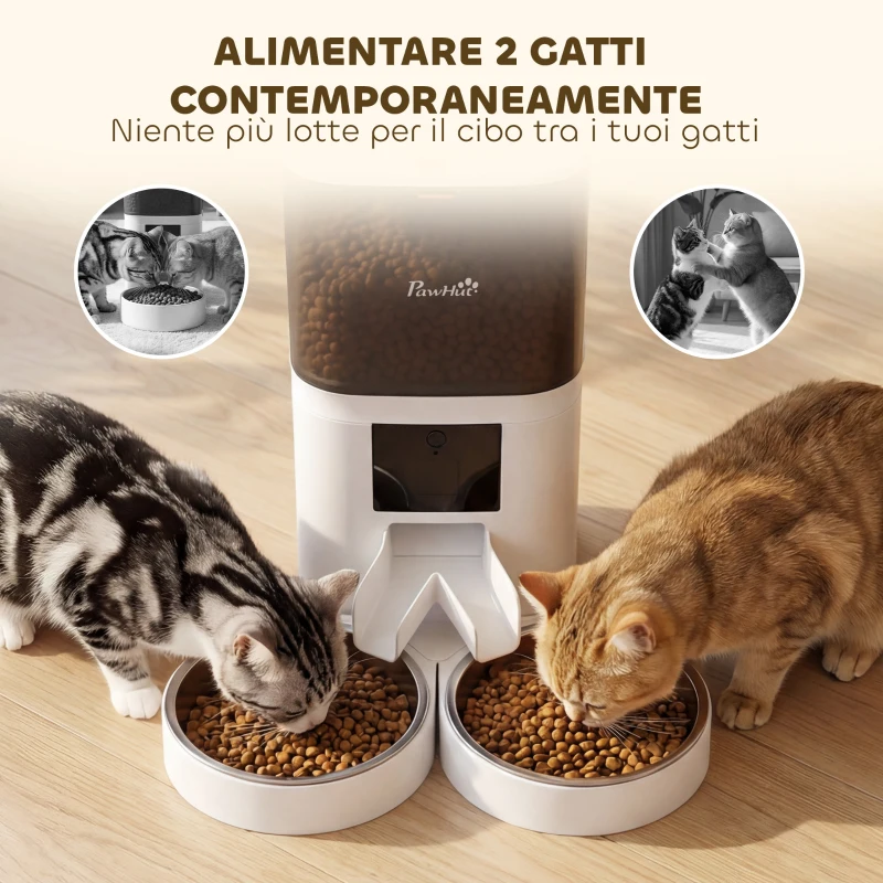PawHut Distributore Automatico Cibo Gatti 6L WiFi 2.4G, App Controllo con Timer, 1-10 Pasti al Giorno, Registratore 10s, 2 Ciotole in Acciaio Inox