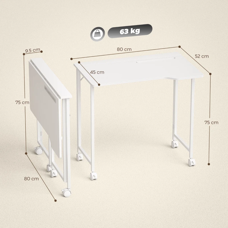 HOMCOM Small Folding Desk, with Wheels - White Wood-Effect