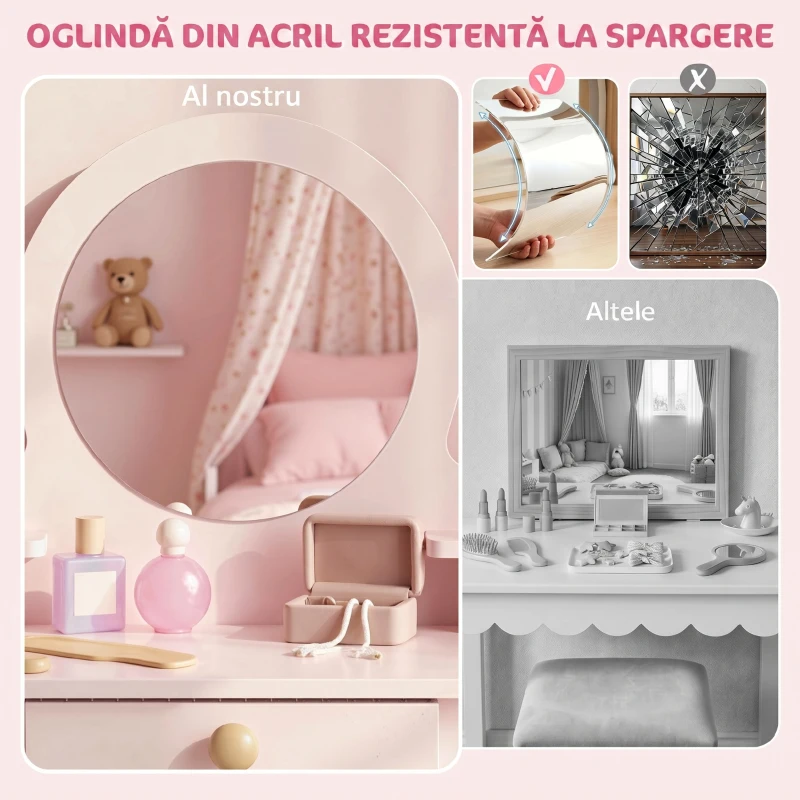 AIYAPLAY Set Masă de Toaletă pentru Fete cu Taburet, Oglindă, Sertar, din Lemn de Pin și MDF, pentru 3-6 Ani, Roz