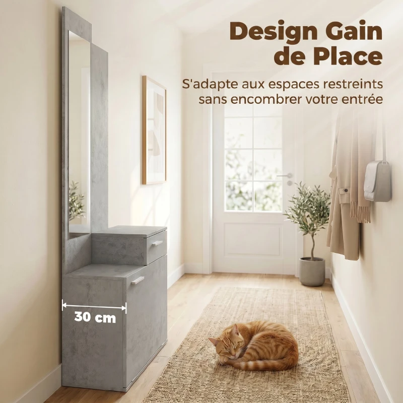 HOMCOM Ensemble meuble d'entrée avec meuble à chaussures abattant, vestiaire avec miroir, tiroir et plateau, gris