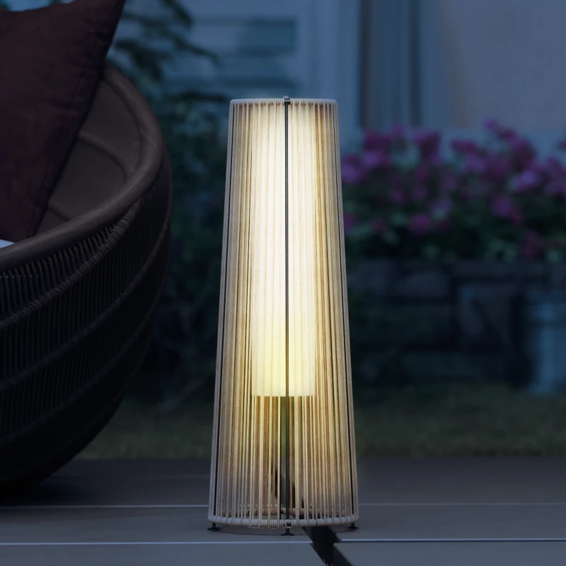 Outsunny Farola Solar Exterior de Ratán Sintético con Luces LED Encendido y Apagado Automático Impermeable Ø21,5x61 cm Natural