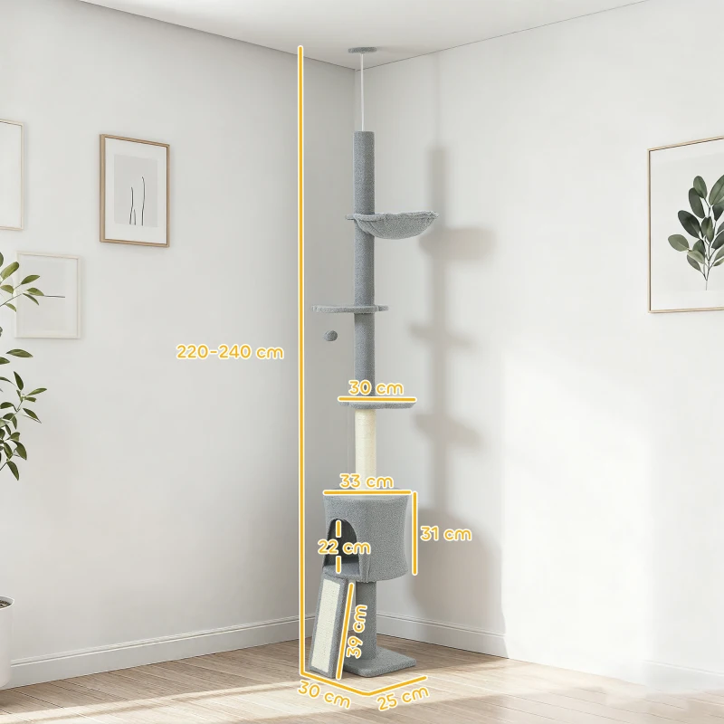 PawHut Árbol para Gatos de Piso a Techo Altura Ajustable 220-240cm con Hamaca Plataformas en Flor Cuevas Rampa Bola Gris Claro