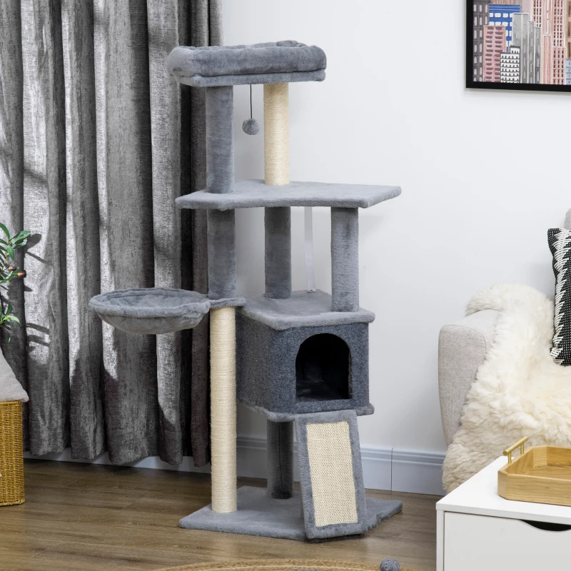 PawHut Arranhador para Gatos 127 cm com Caverna Rede Cama Plataformas Rampa de Sisal Bola Pendurada Cinza