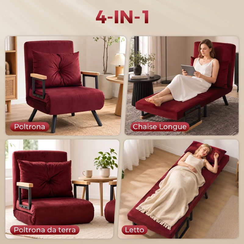 HOMCOM Poltrona Letto Imbottita 3 in 1 con Schienale Reclinabile in 5 Posizioni e Cuscino, 63x73x81 cm, Rosso Vino