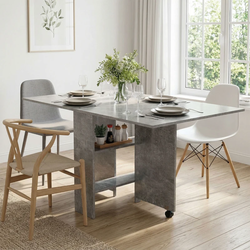 HOMCOM Masă de Dining Pliabilă cu Extensii și Roți cu Frână pentru 4-6 Persoane, Birou Pliabil,140x80x74 cm, Gri Ciment