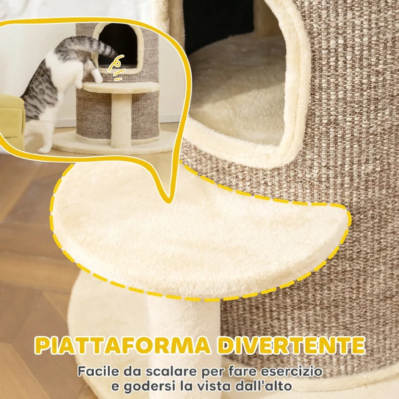 PawHut Torre per Gatti a 2 Livelli con 2 Nascondigli, Piattaforma, Superficie in Sisal, 60x60x 61 cm, Beige e Marrone