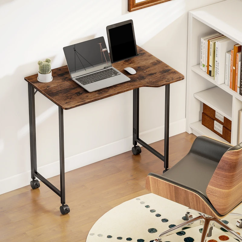 HOMCOM Folding Small Desk on Wheels - Rustic Brown