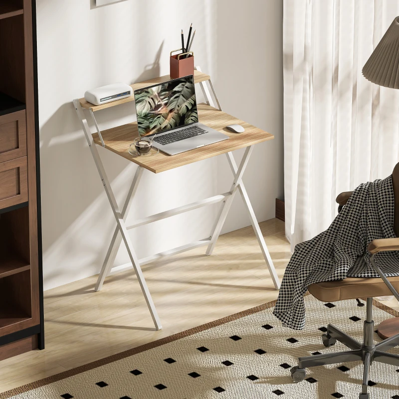 HOMCOM 70 cm Folding Computer Desk with Monitor Shelf - Natural Wood Finish