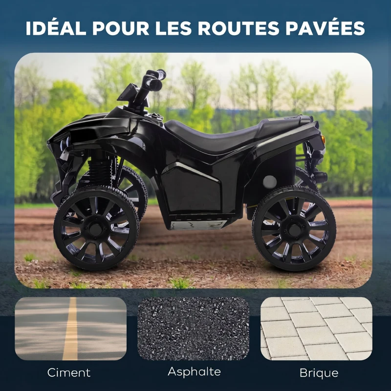 AIYAPLAY Quad Électrique Enfant 6V, Voiture Électrique Enfants ATV, Musique et Phares LED, 18-56 Mois, 70x42x45cm, Noir