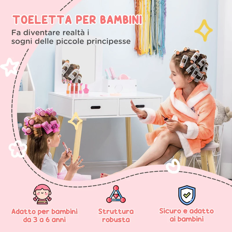 ZONEKIZ Set Toeletta per Bambini con Tavolo Trucco e Sgabello, Specchio e 2 Cassetti, Bianco e Colore Legno