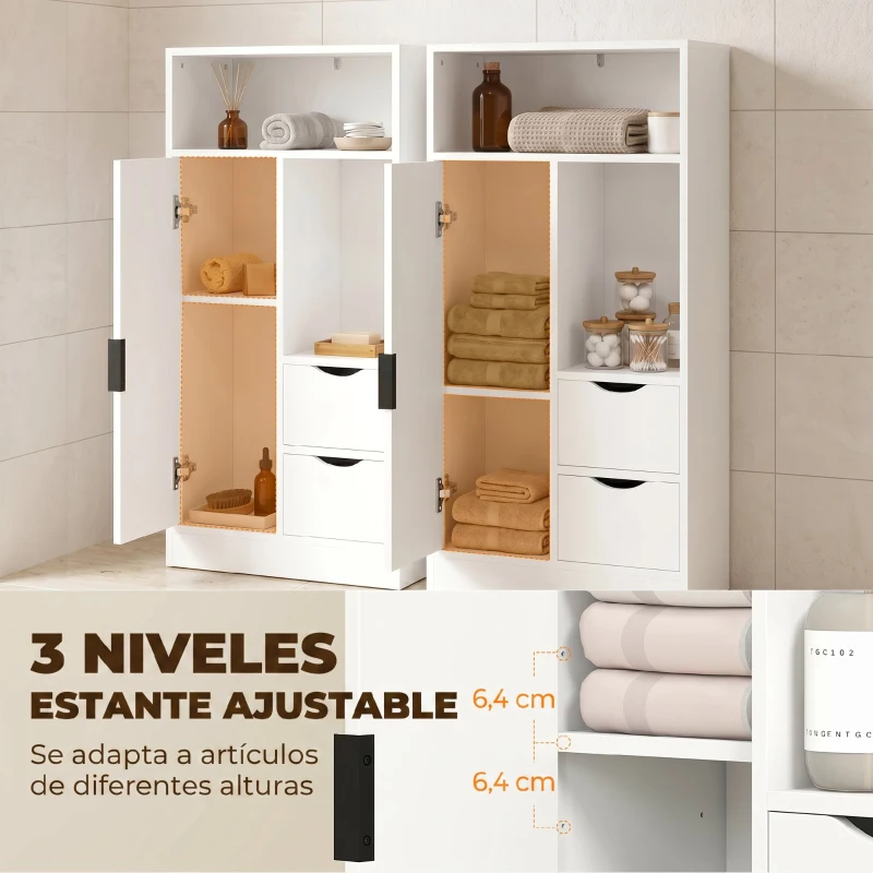 HOMCOM Armario de Baño con 2 Cajones Compartimento Abierto y Estantes Ajustables para Espacio Pequeño 50x25x100 cm Blanco
