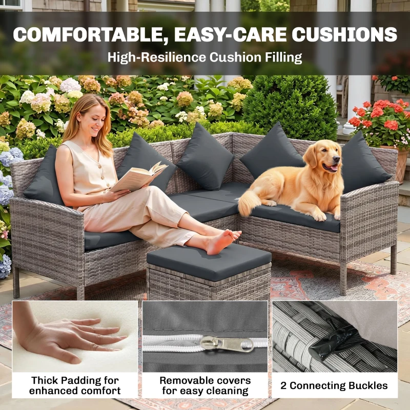 Outsunny tsunny 6-Seater Rattan Dining Set Sofa Table Footstool Outdoor w/ Cushion Garden Furniture, Dark Grey