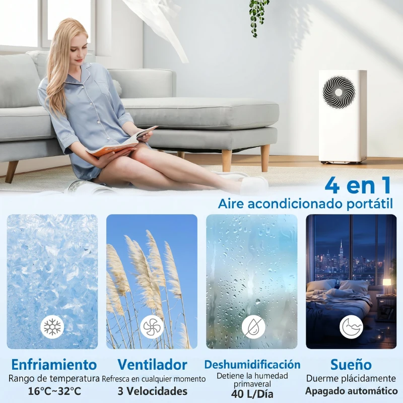 HOMCOM Aire Acondicionado Portátil 9000 BTU 4 en 1 Enfriamiento Deshumidificador Ventilador Modo de Sueño para 33 m² Blanco
