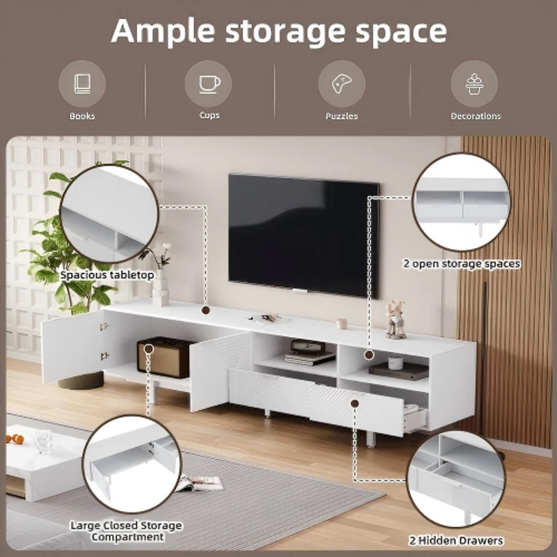 Modern Bohemian TV Entertainment Center with Cabinet and Drawers, Geometric Lines TV Stand for 90 Inch TVs, 200L x 40W x 51H cm, White