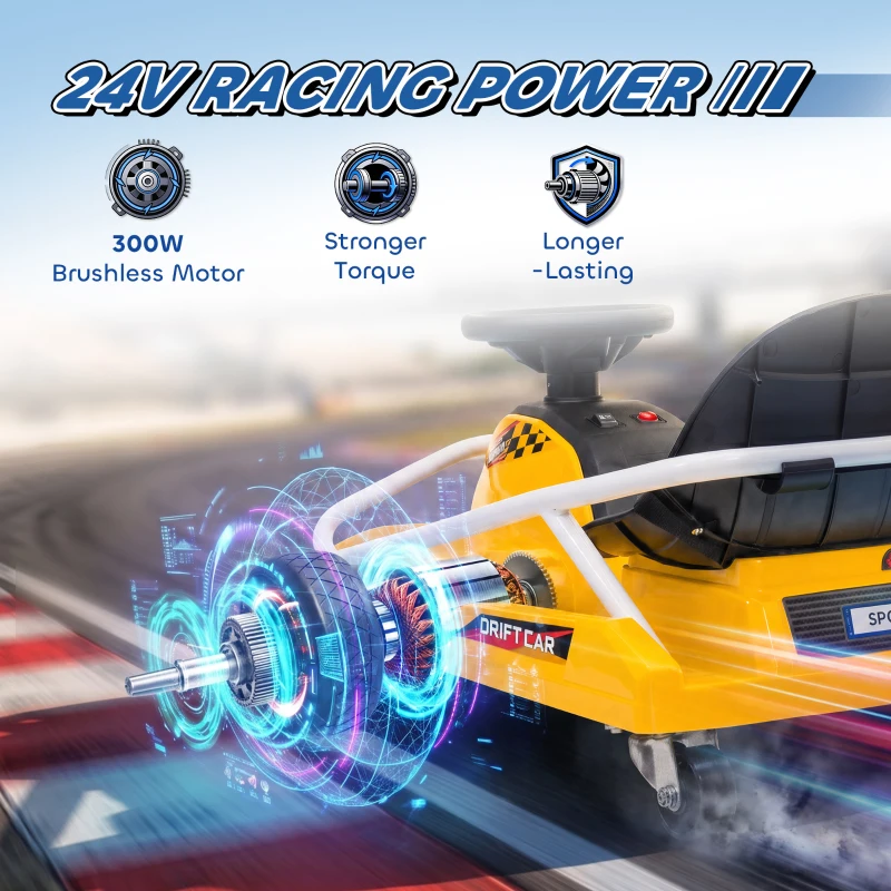 AIYAPLAY 24V Electric Go Kart for Kids with Drift Mode, 300W Brushless Motor, Soft Start and Dual Speed for Ages 6-10, Yellow
