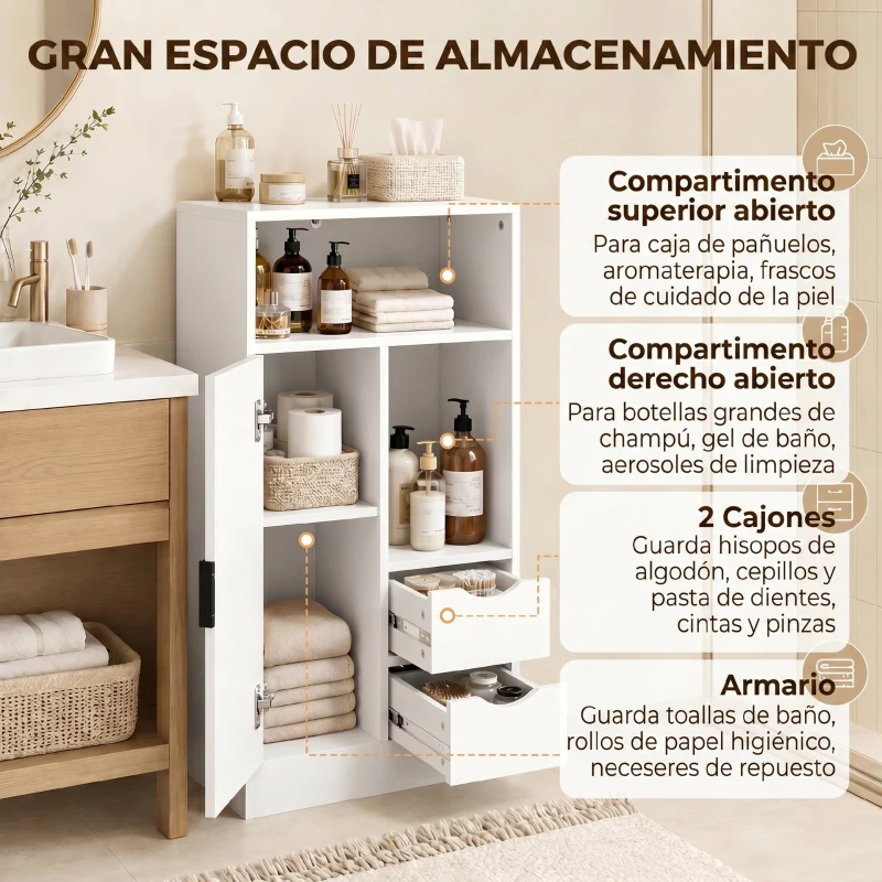 HOMCOM Armario de Baño con 2 Cajones Compartimento Abierto y Estantes Ajustables para Espacio Pequeño 50x25x100 cm Blanco