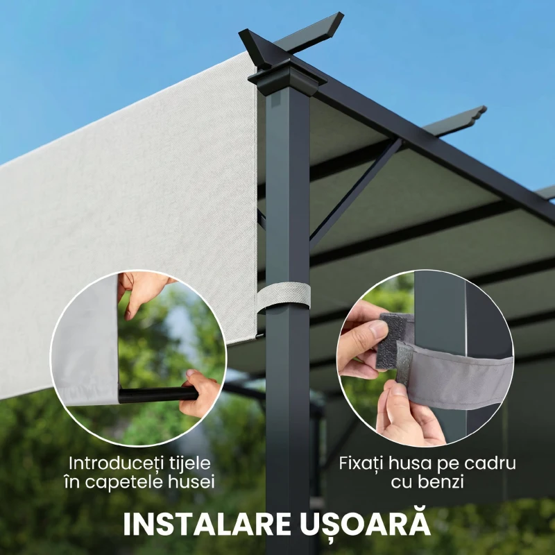 Outsunny Prelată Pergolă Foișor 3x3 m cu Buzunare și Curele pentru Bare, din Poliester, 488x122 cm, Gri Deschis