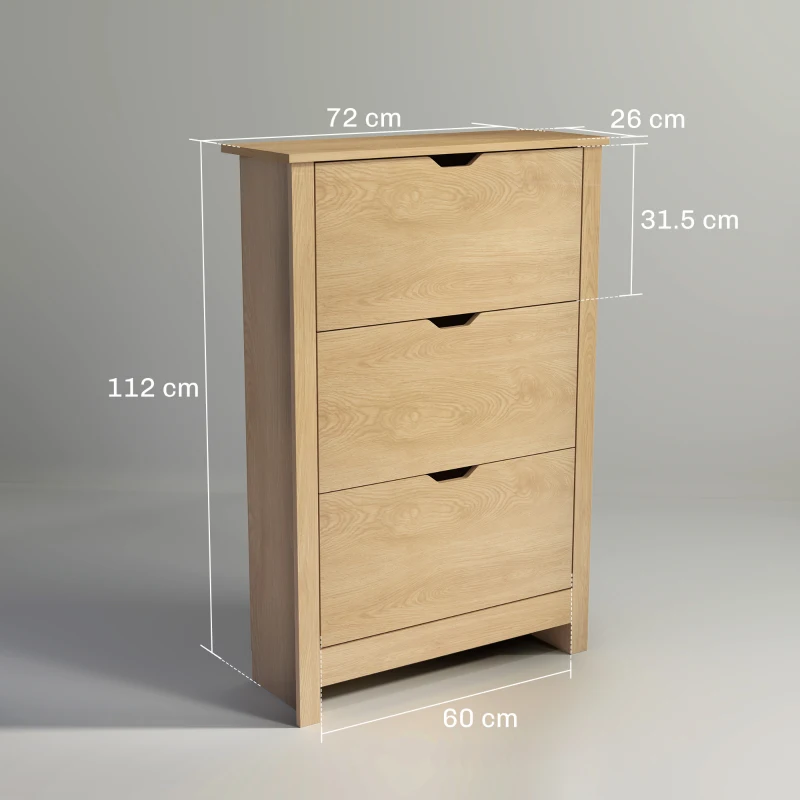 HOMCOM Dulap Slim pentru 18 Pantofi, 3 Sertare cu 2 Rafturi Reglabile, 72x26x112 cm, Lemn Natural
