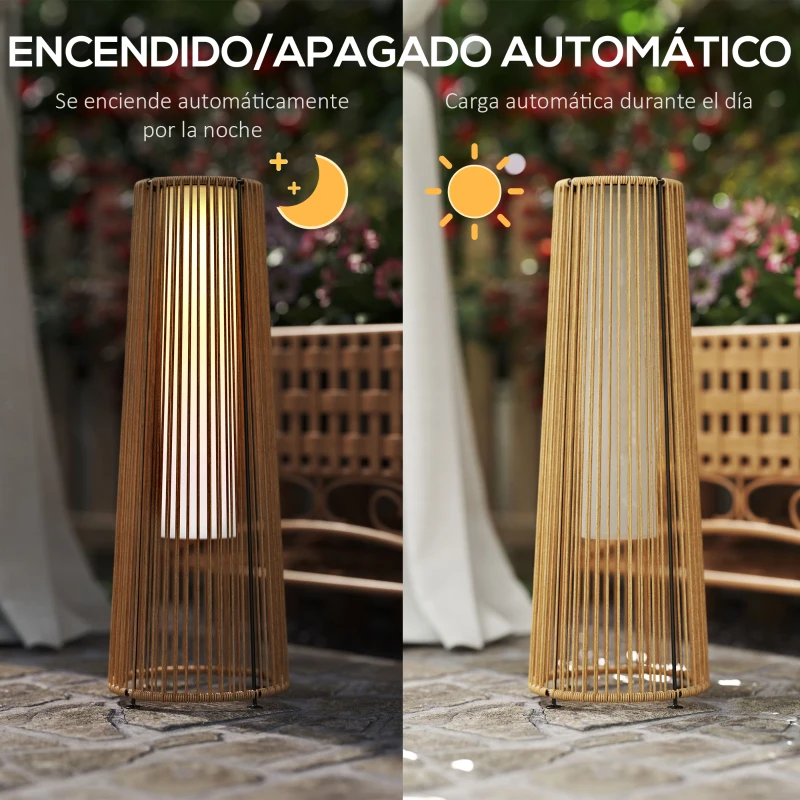 Outsunny Farola Solar Exterior de Ratán Sintético con Luces LED Encendido y Apagado Automático Impermeable Ø21,5x61 cm Natural