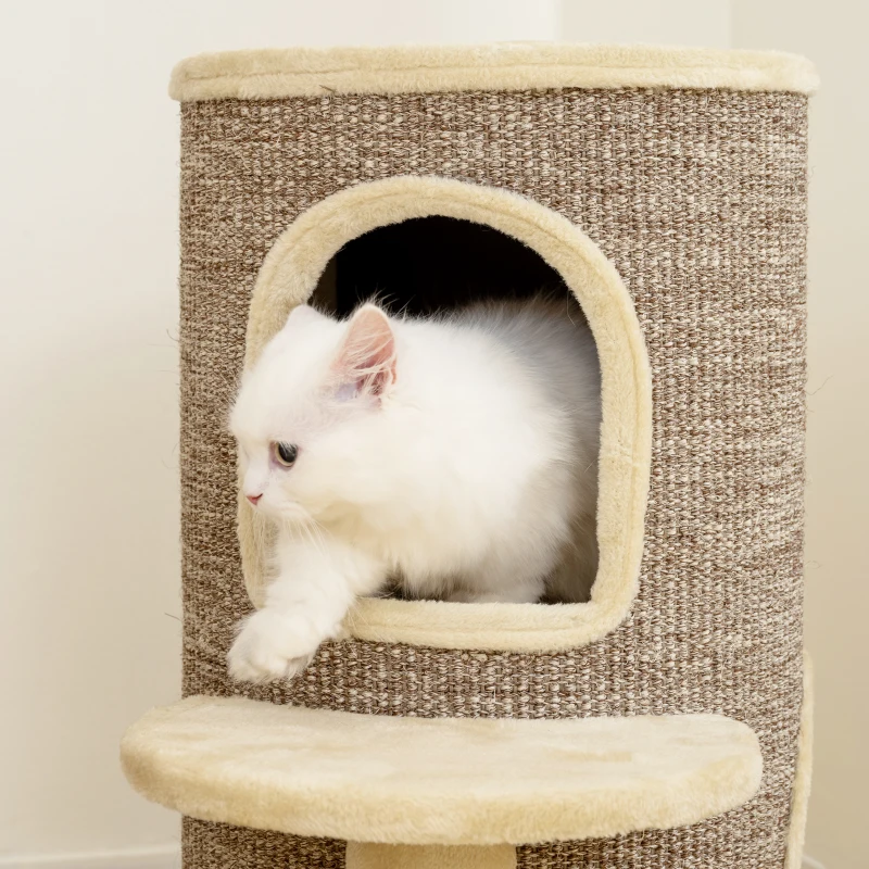 PawHut Torre per Gatti a 2 Livelli con 2 Nascondigli, Piattaforma, Superficie in Sisal, 60x60x 61 cm, Beige e Marrone