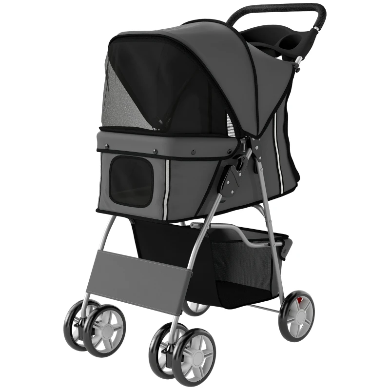 PawHut Dog Pram, Pet Stroller with Reflective Strips, Foldable Cat Stroller with 360° Swivel Wheels, Dark Grey
