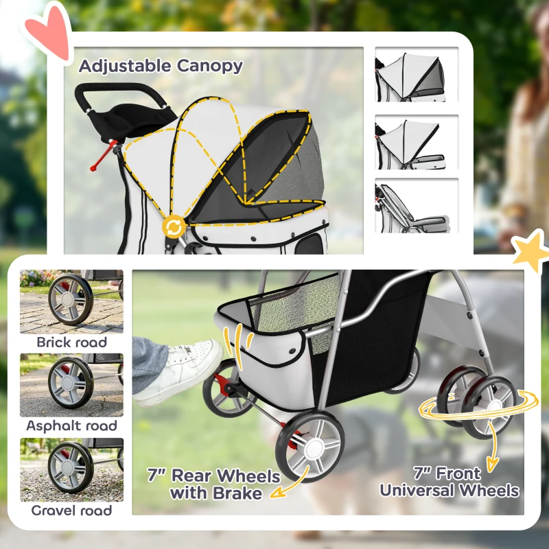 PawHut Dog Pram, Pet Stroller with Reflective Strips, Foldable Cat Stroller with 360° Swivel Wheels, Grey