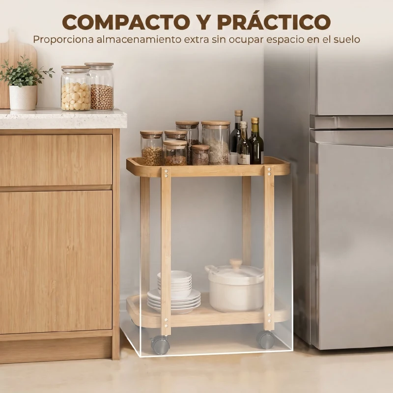 HOMCOM Carrito de Cocina de Bambú de 2 Niveles Carrito Auxiliar para Cocina con Ruedas 2 Estantes 54x36,5x60 cm Natural