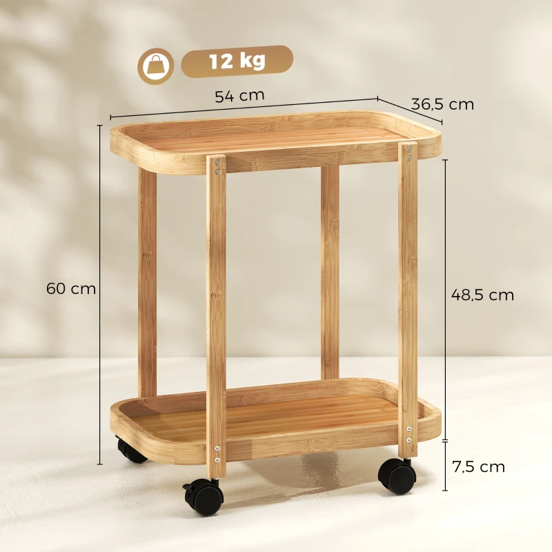 HOMCOM Carrito de Cocina de Bambú de 2 Niveles Carrito Auxiliar para Cocina con Ruedas 2 Estantes 54x36,5x60 cm Natural