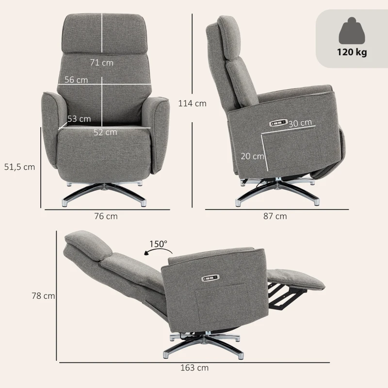 HOMCOM Fauteuil Relax Électrique Pivotant 360°, Fauteuil Inclinable avec Appui-Tête Réglable, Ports USB, Tissu en Lin, Gris
