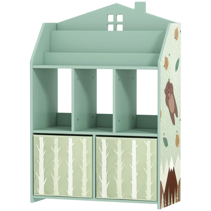 AIYAPLAY Kids Bookshelf with Storage, Toy Storage Unit with Book Display, Shelves and Fabric Drawers for Playroom Nursery, Green