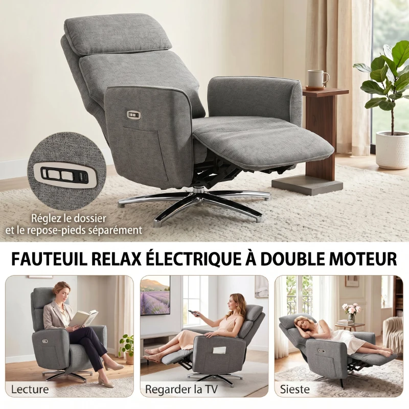 HOMCOM Fauteuil Relax Électrique Pivotant 360°, Fauteuil Inclinable avec Appui-Tête Réglable, Ports USB, Tissu en Lin, Gris