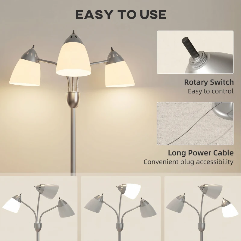 HOMCOM Arc Tree Floor Lamp with 3 Adjustable Rotating Lights, Industrial Standing Lamp with Steel Frame, Silver Tone