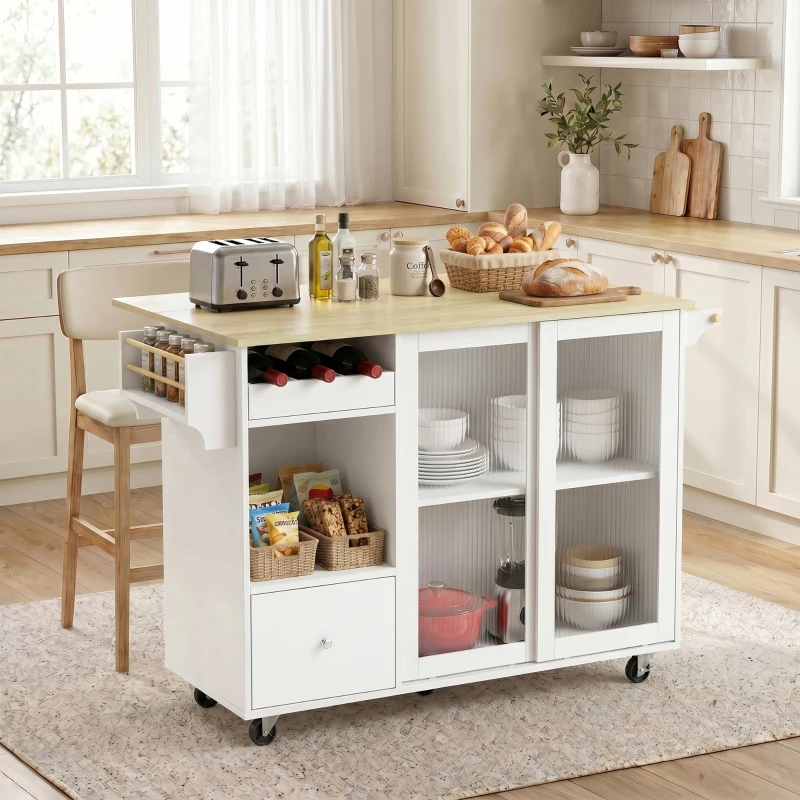 HOMCOM Isla de Cocina con Encimera Abatible Ruedas Puertas Correderas de Vidrio Botellero Cajón Especiero Estante Ajustable