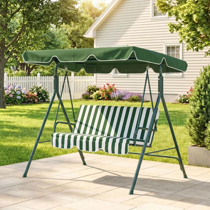 Outsunny Baloiço de Jardim de 3 Lugares com Almofada Toldo Ajustável e Estrutura de Metal 172x110x153cm Verde e Branco