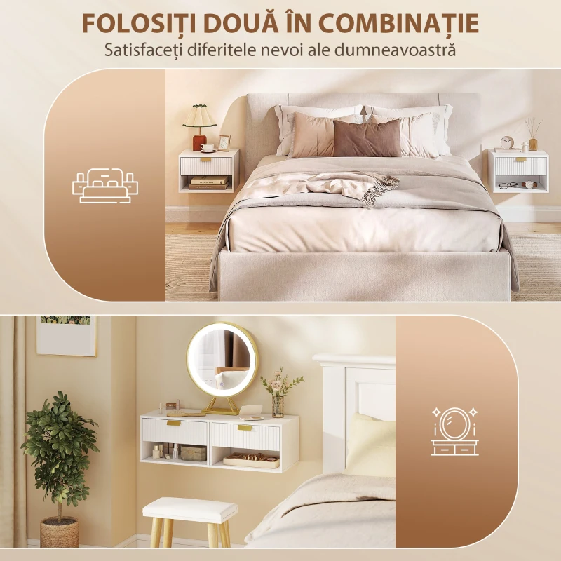 HOMCOM Set de 2 Noptiere Suspendate, Cu Sertar Decorat, Panou de particule, 40x30x25 cm, Alb
