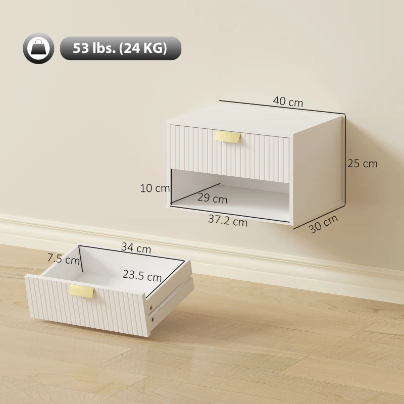 HOMCOM Set de 2 Noptiere Suspendate, Cu Sertar Decorat, Panou de particule, 40x30x25 cm, Alb