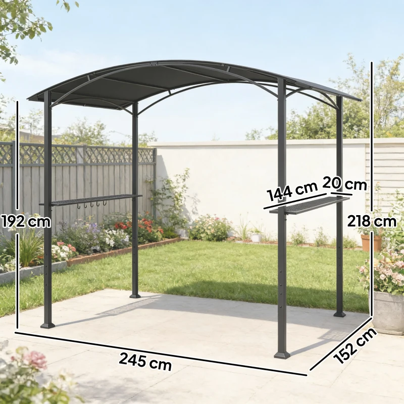 Outsunny Cenador para Barbacoa de 2,4 x 1,5 m Cenador de Pérgola Exterior con 2 Estantes Laterales y Ganchos Gris Oscuro