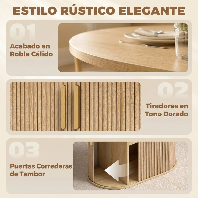 HOMCOM Mesa de Comedor Ovalada para 6 Personas con Tablero Grueso Puertas Correderas Tipo Persiana 6 Compartimentos Roble