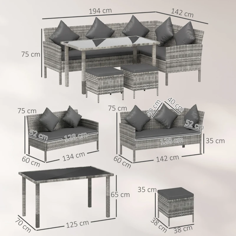 Outsunny tsunny 6-Seater Rattan Dining Set Sofa Table Footstool Outdoor w/ Cushion Garden Furniture, Dark Grey
